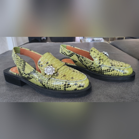 Ganni Snakeskin Embossed Slingback Loafers - Picture 1 of 9
